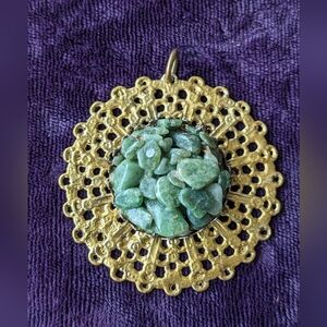 Vintage Sun Shaped Gold Color Pendant With Natural Green Jadeite Stones